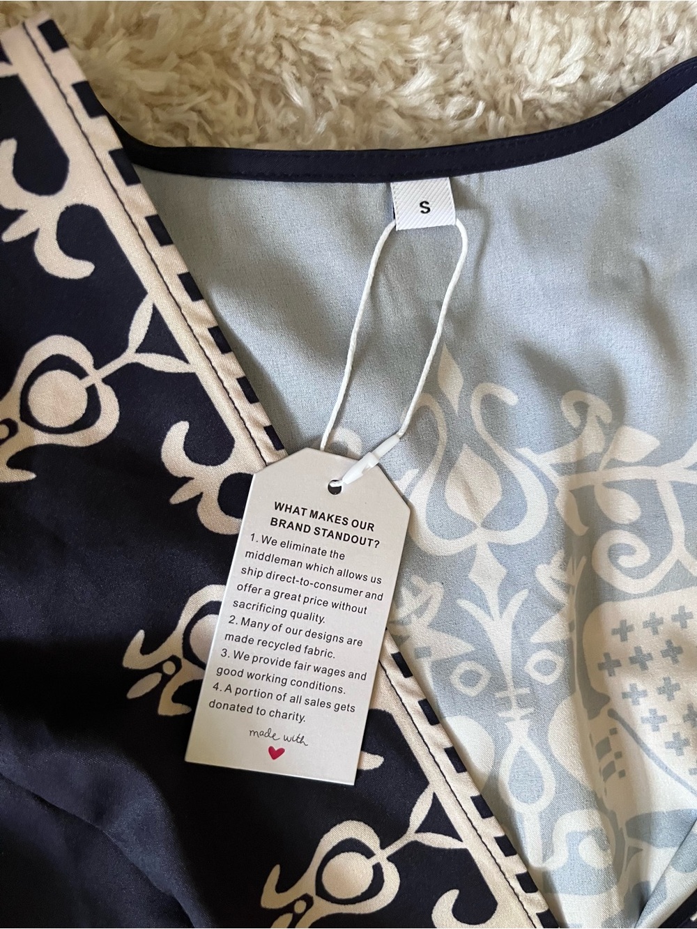 Navy and Cream Patterned Sleeveless Top - Size S